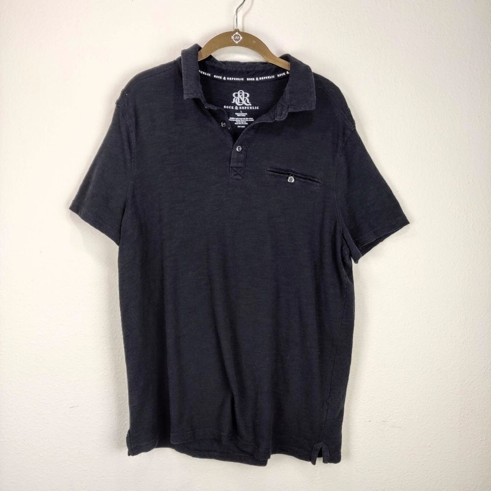Rock & Republic Black Polo Shirt Front Pocket